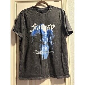 ROMWE Fantasy Gothic Graphic Tee Washed Black Streetwear Shirt Small FLAWED